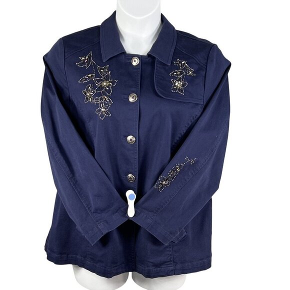 Susan Graver Womens 1X Metal Floral 3D Embellished Jacket Pockets Art To Wear - Picture 3 of 16